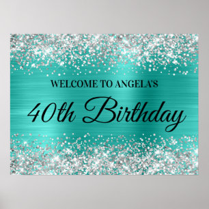 Poster Parties scintillant d'argent Turquoise Foil 40e an