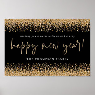 Poster Parties scintillant d'or Bonne année Nom Noir Impr
