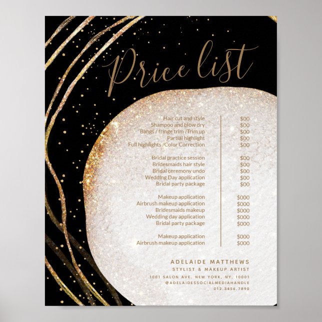 Poster Parties scintillant d'or noir Stylist Salon Liste  (Devant)