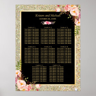 Poster Parties scintillant d'or rose floral 8 tables Diag