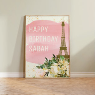 Poster Parties scintillant d'or rose Tour Eiffel Joyeux a