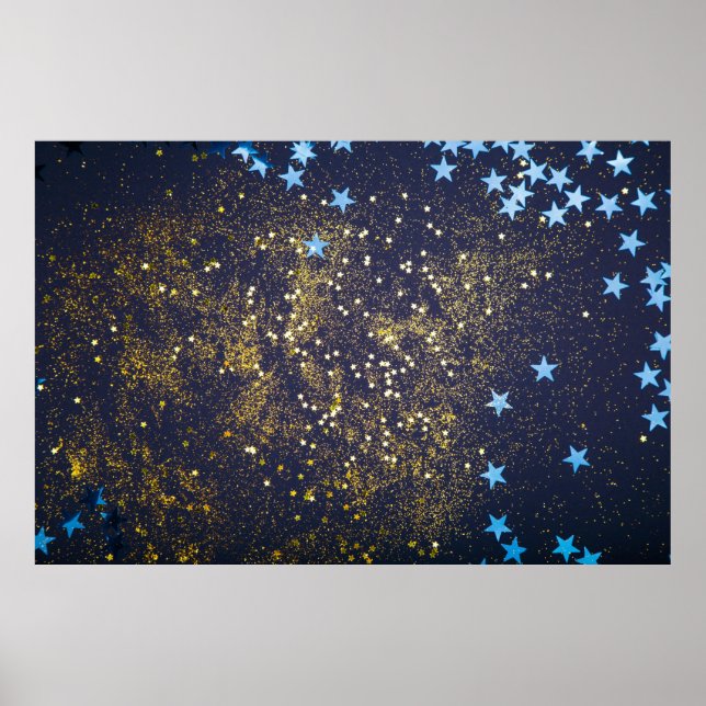 Poster Parties scintillant dorée et étoiles bleues scinti (Devant)