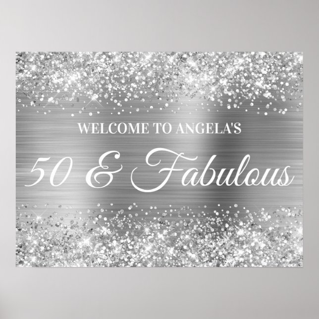 Poster Parties scintillant en argent et Foil 50 & Fabulou (Devant)