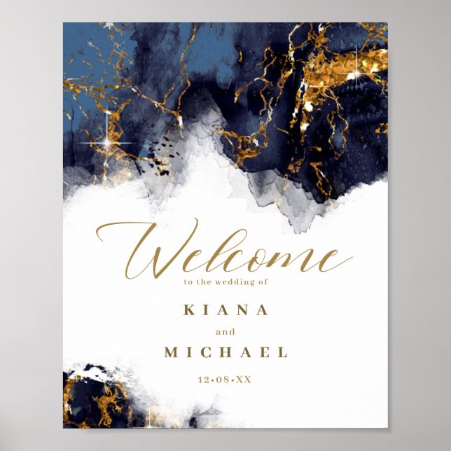 Poster Parties scintillant en marbre Mariage Bienvenue Ma (Devant)