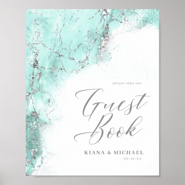 Poster Parties scintillant en marbre Mariage invités Turq (Devant)