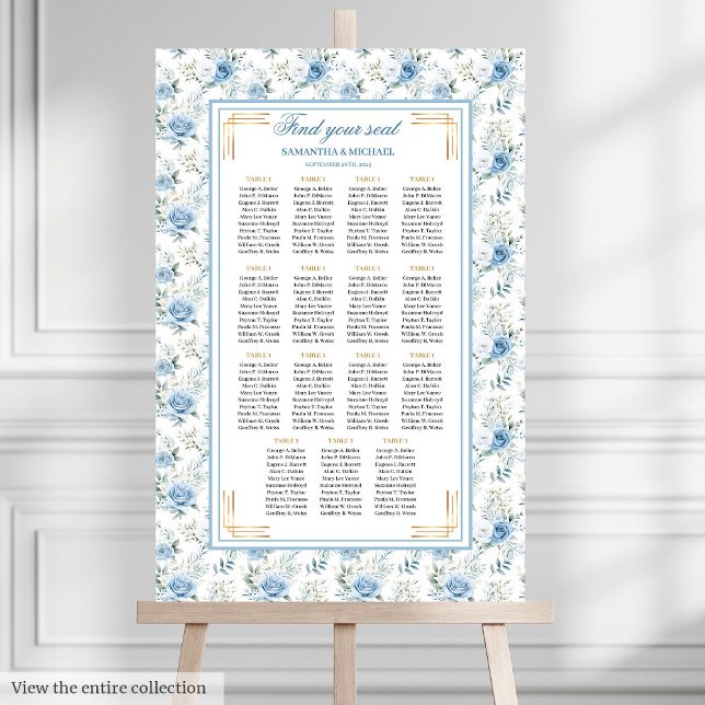 Poster Parties scintillant en or bleu clair Boho romantiq (Romantic Boho Light Blue Gold Glitter Seating Poster)