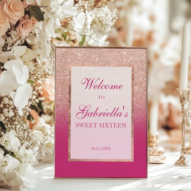 Poster Parties scintillant or rose et Ombre rose doux 16  (Rose Gold Glitter and Pink Ombre Sweet 16 Welcome Poster)