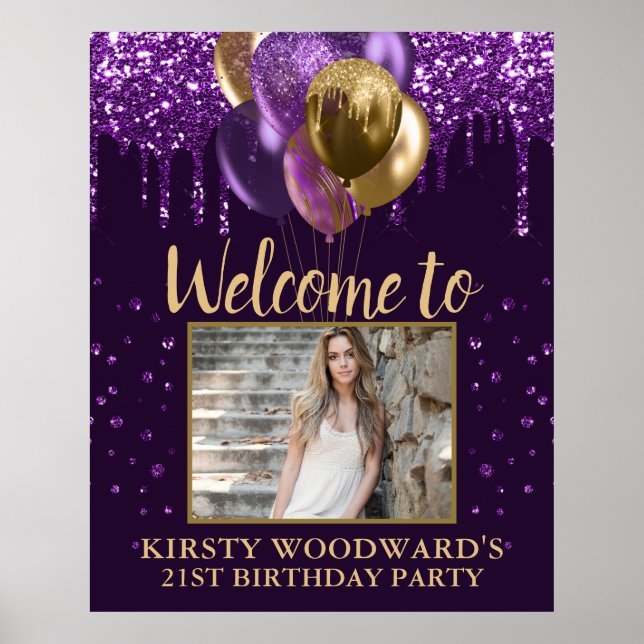 Poster Parties scintillant pourpre et ballons d'or Annive (Devant)