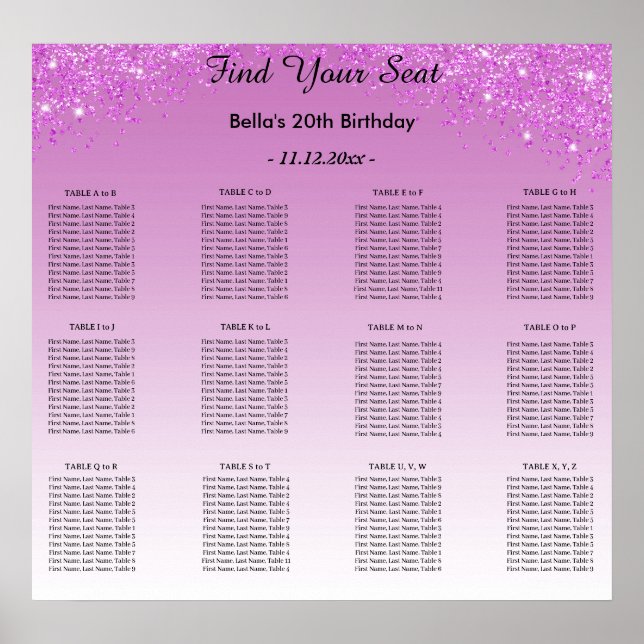 Poster Parties scintillant rose Anniversaire Alphabétique (Devant)