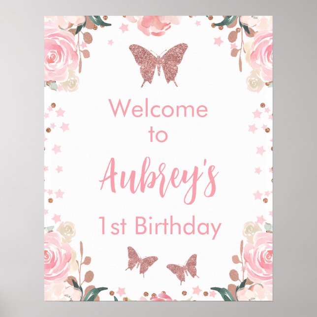 Poster Parties scintillant rose Papillon d'anniversaire P (Devant)
