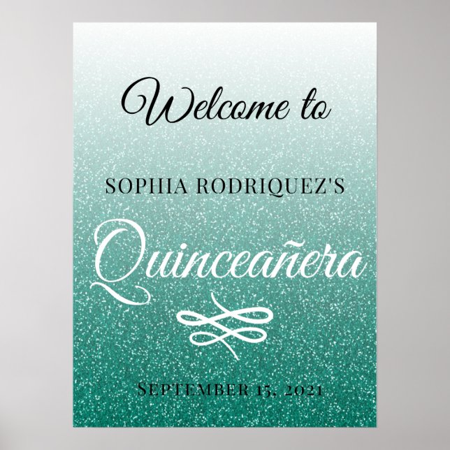 Poster Parties scintillant verte Quinceañera 15e annivers (Devant)