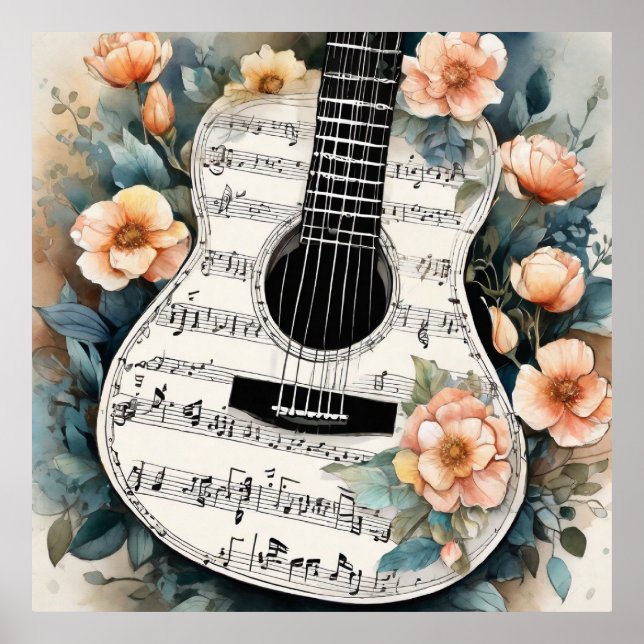 Poster Partition Musique Guitare Acoustique En Fleurs De  (Devant)