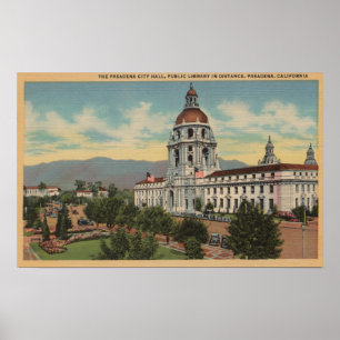 Poster Pasadena, CA - vue de ville hôtel et public Librar