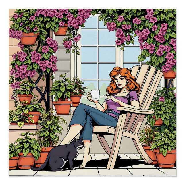 Poster Passer du temps avec mon chat, café et Plantes (Devant)