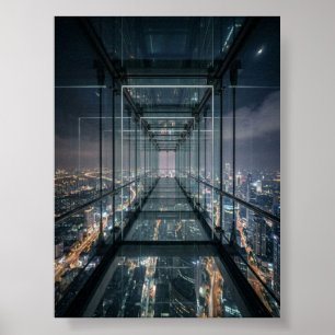 Poster Passerelle de verre au-dessus de la ville de néon