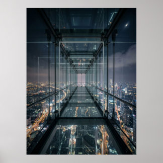 Poster Passerelle de verre sur la ville néon