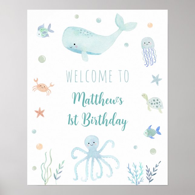 Poster Pastel Bleu Sous la Mer Accueil d'Anniversaire (Devant)