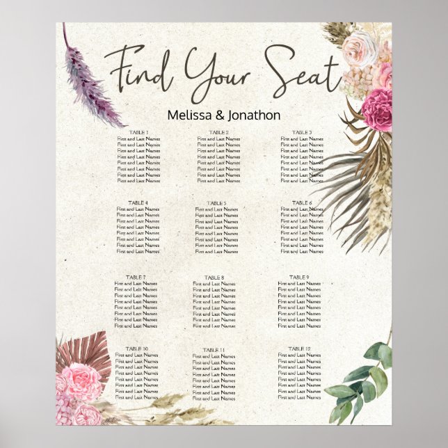 Poster Pastel Boho Neutre Floral Mariage Carte de siège (Devant)