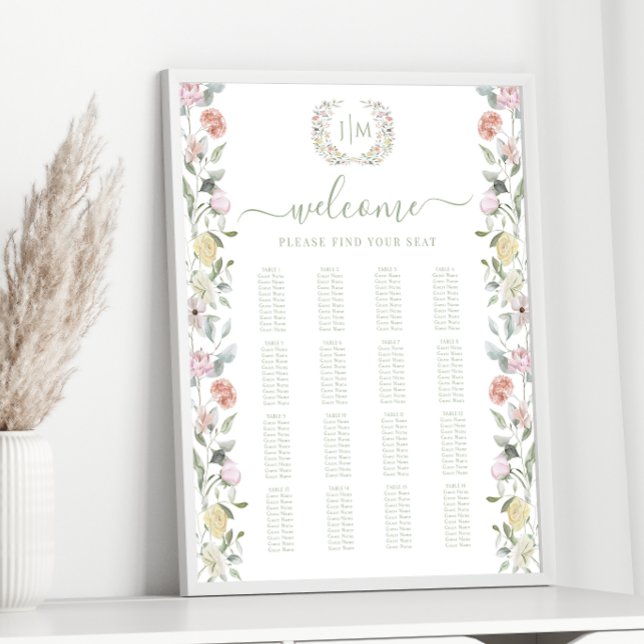 Poster Pastel Botanique Mariage Floral Carte de siège (Créateur téléchargé)