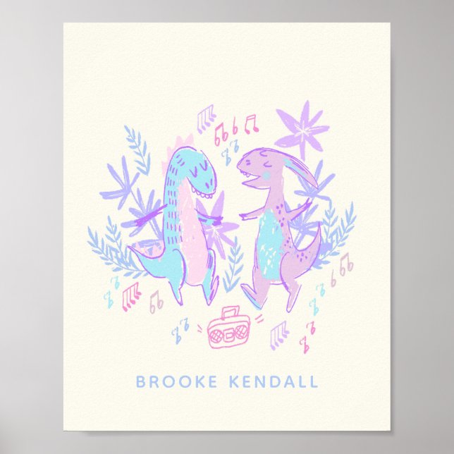 Poster Pastel Dancing Dinosaures Purple Bleu Personnalisé (Devant)