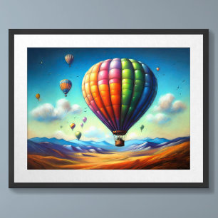 Poster Pastel Dessin Balloons À Air Chaud Sur Paysage