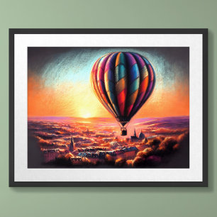 Poster Pastel Dessin Ballotte à air chaud sur la ville eu