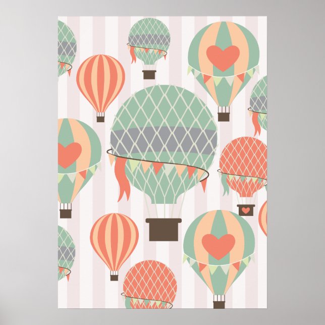 Poster Pastel Hot Air Balloons Monte Pink Strié Sky (Devant)