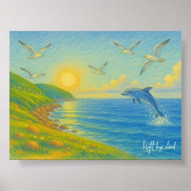 Poster Pastel Ocean Sunset Landscape Painting Dolphin (Devant)