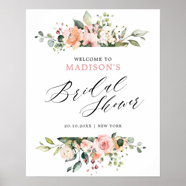 Poster Pastel Pink Blush Rose Fête des mariées florale (Devant)