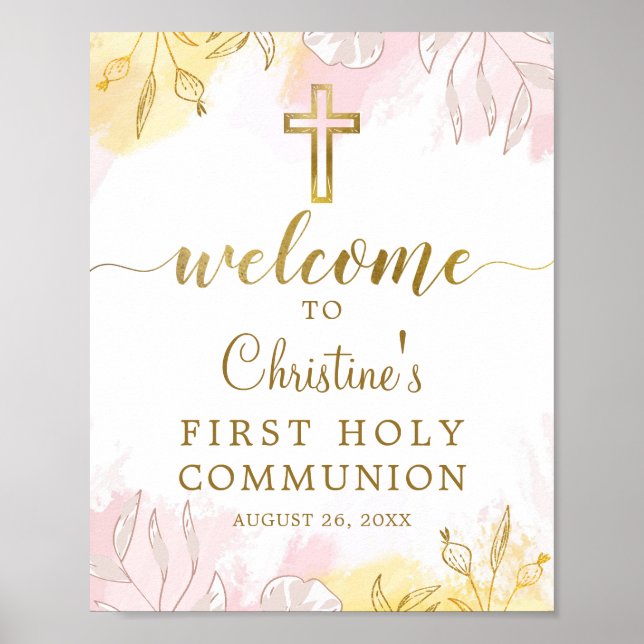 Poster Pastel Pink Gold Floral Première communion Bienven (Devant)