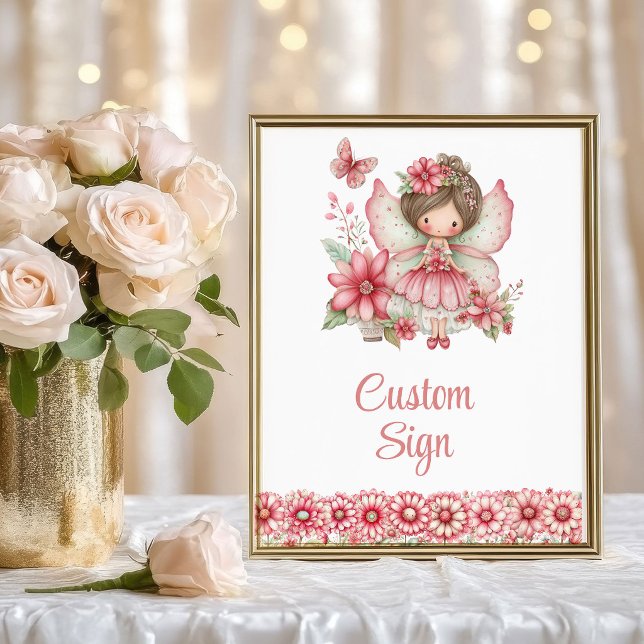 Poster Pastel Pink Whimsical Fairy Floral 4th Birthday  (Pastel Pink Whimsical Fairy Floral 4th Birthday Custom Sign)