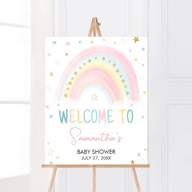 Poster Pastel Rainbow Baby shower Bienvenue (Pink Boho Rainbow Baby Shower Welcome Sign)