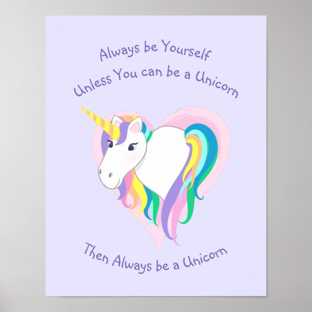 Poster Pastel Rainbow Unicorn Coeur avec texte Imprimer (Devant)