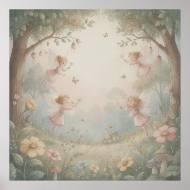Poster Pastel Rococo Fairy Garden Whimsical Nursery Mural (Devant)