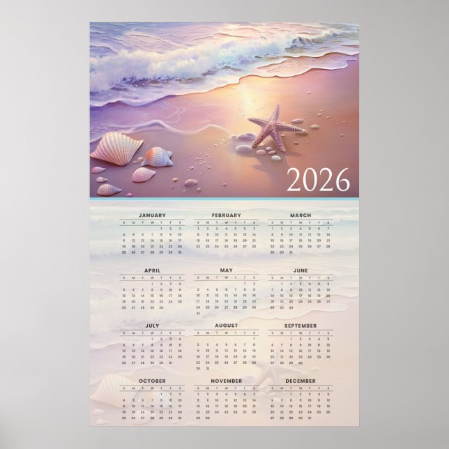 Poster Pastel Shoreline 2026 Calendar with Seashells  (Devant)