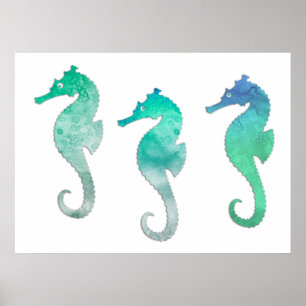 Poster Pastel Vert Aquarelle Hippocampes