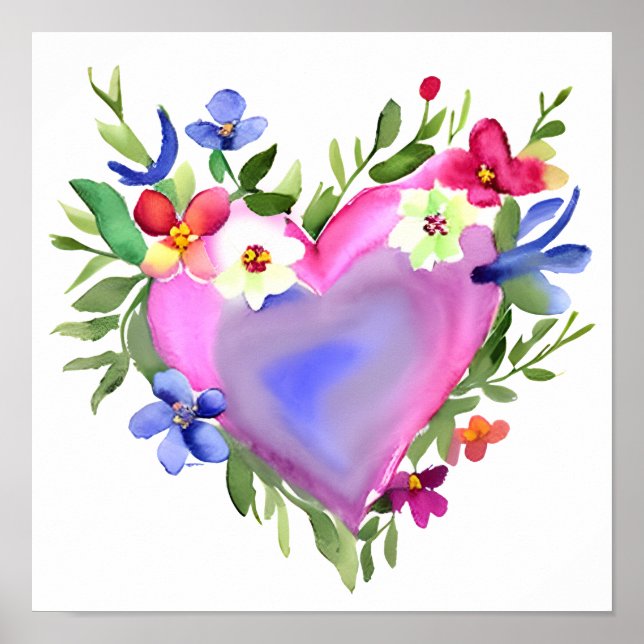 Poster Pastel Watercolor Floral Heart Wreath (Devant)