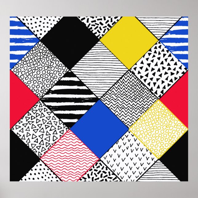 Poster Patchwork arrière - plan : oiseaux, pois. (Devant)