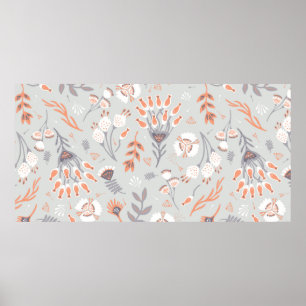 Poster Pâte Gris Orange Floral, Motif sans joint,