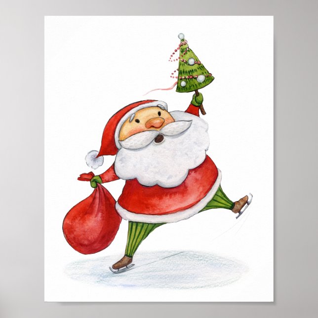 Poster Patinage Père Noël Cute Noël aquarelle dessin (Devant)