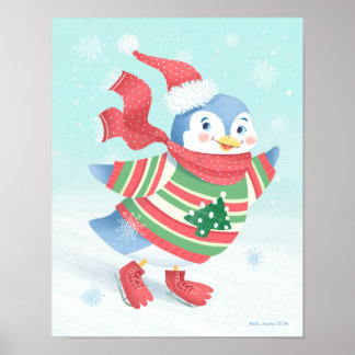 Poster Patinage sur glace bleu Pingouin Art Imprimer