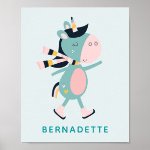Poster Patinage sur glace mignon Unicorn rose Turquoise N