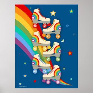Poster Patins à rouleaux arc-en-ciel vintages en bleu