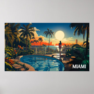 Poster patio piscine au soleil surplombant Miami Beach