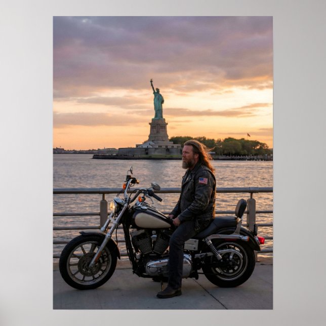 Poster Patriotic Biker Statue of Liberty Sunset Waterside (Devant)