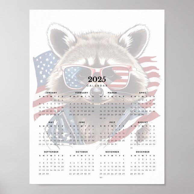 Poster Patriotique Raccoon rouge blanc bleu 2025 Calendri (Devant)