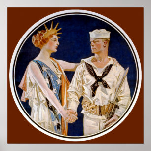 Poster Patriotisme Vintage, Lady Liberty avec un marin de