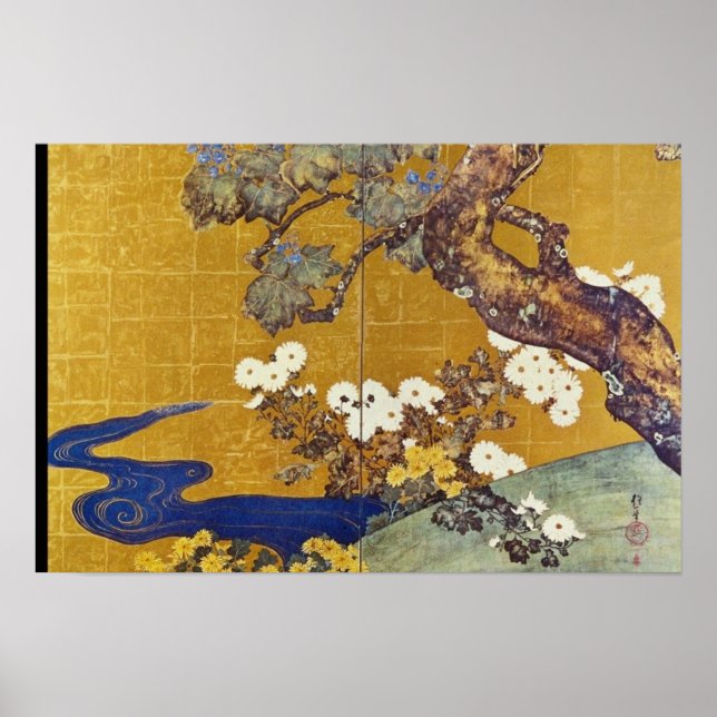 Poster Paulownias blanches et chrysanthèmes, Sakai Hoitsu (Devant)