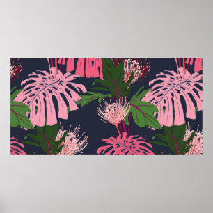 Poster Paume tropicale exotique vert et rose feuilles et 