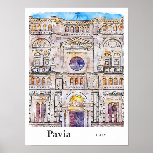 Poster Pavia Italie Voyage Aquarelle main tirée (Devant)